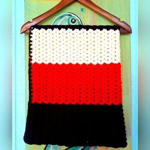 Vintage mid century hand crocheted lap blanket orange cream brown striped knit